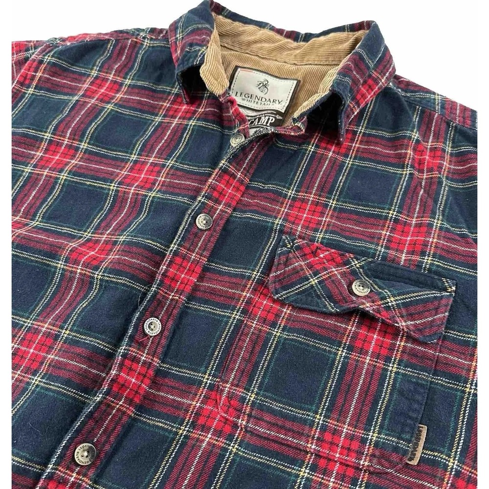 Legendary Whitetails Buck Camp Shirt Medium Flannel Red Blue Plaid Corduroy Trim